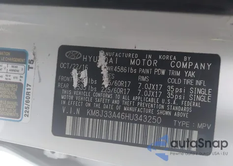 2017 Hyundai Tucson Limited/Sport And Eco/Se z USA, uszkodzony, nr VIN KM8J33A46HU343250